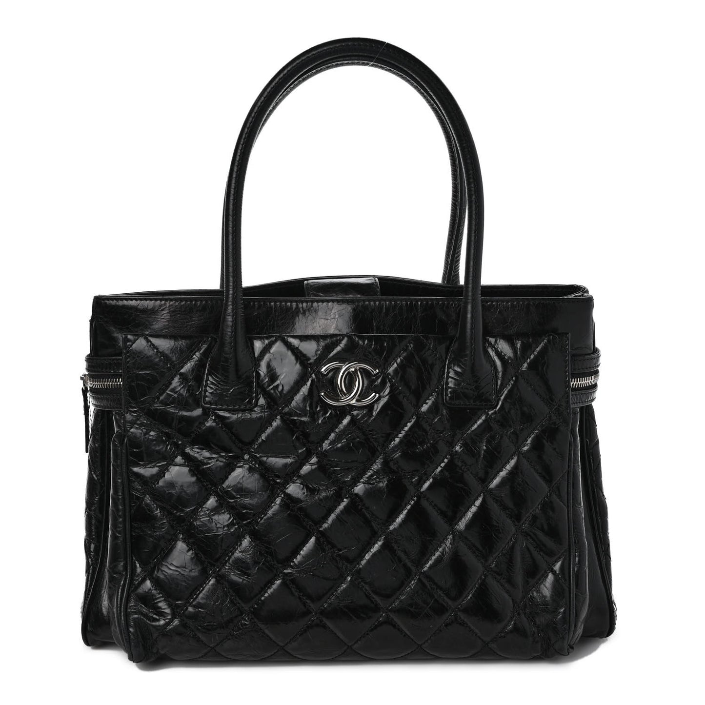 Glazed Calfskin Quilted Large New Portobello Tote Black