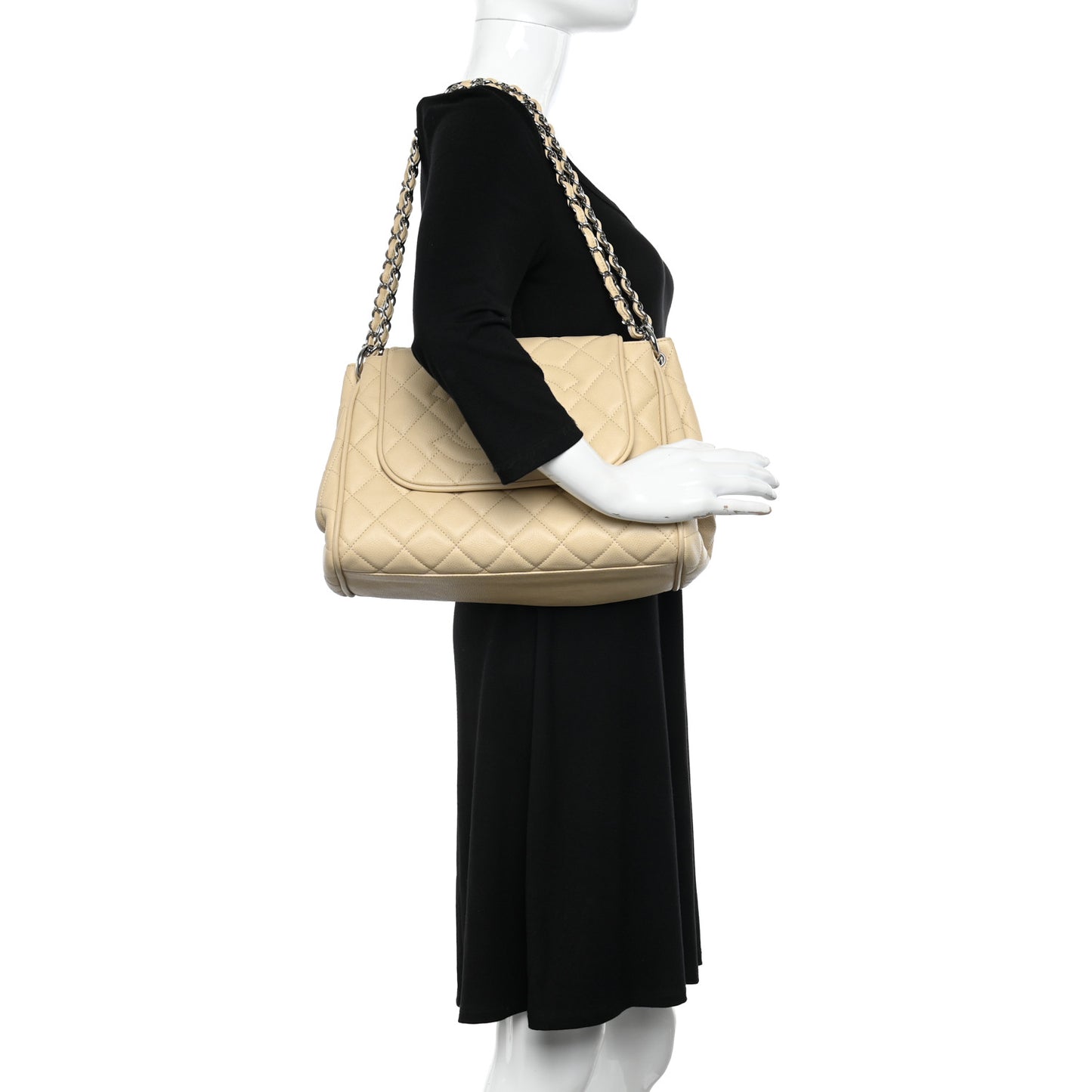 Caviar Quilted Timeless Accordion Flap Light Beige