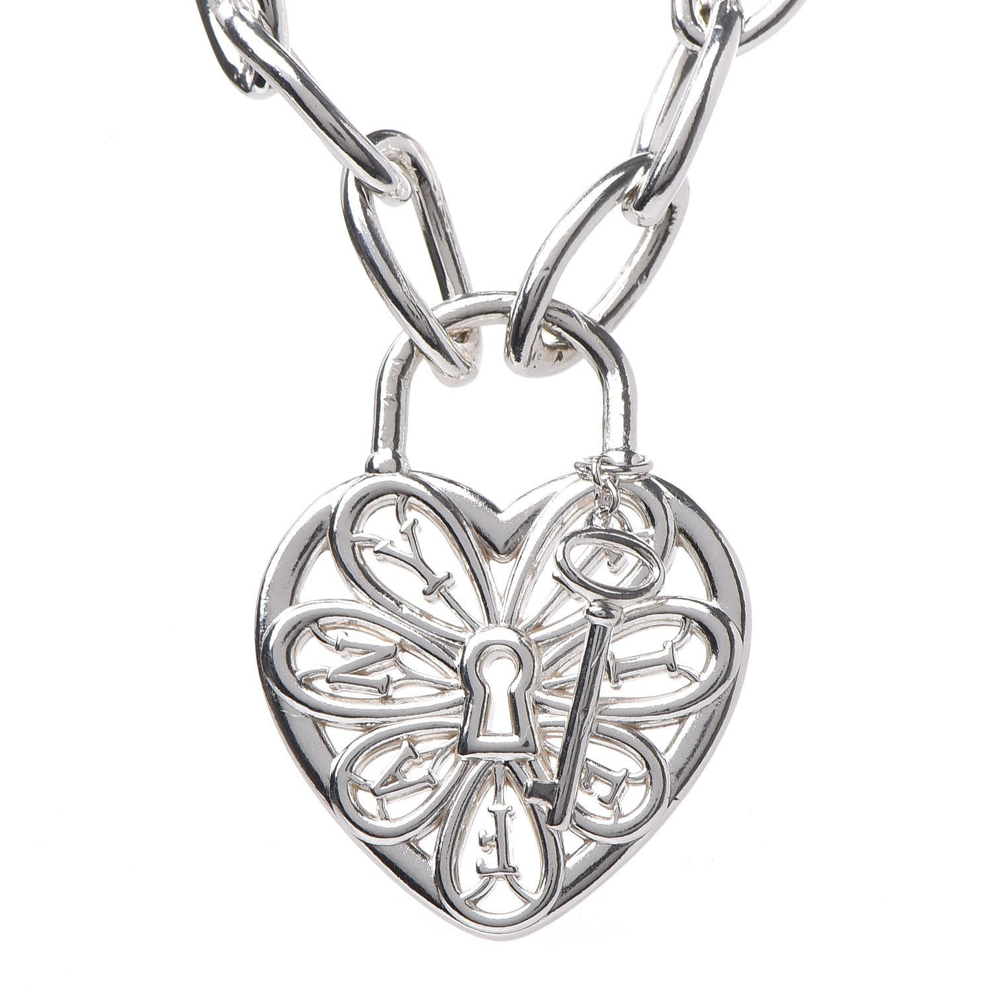 Sterling Silver Filigree Heart Key Pendant Link Necklace