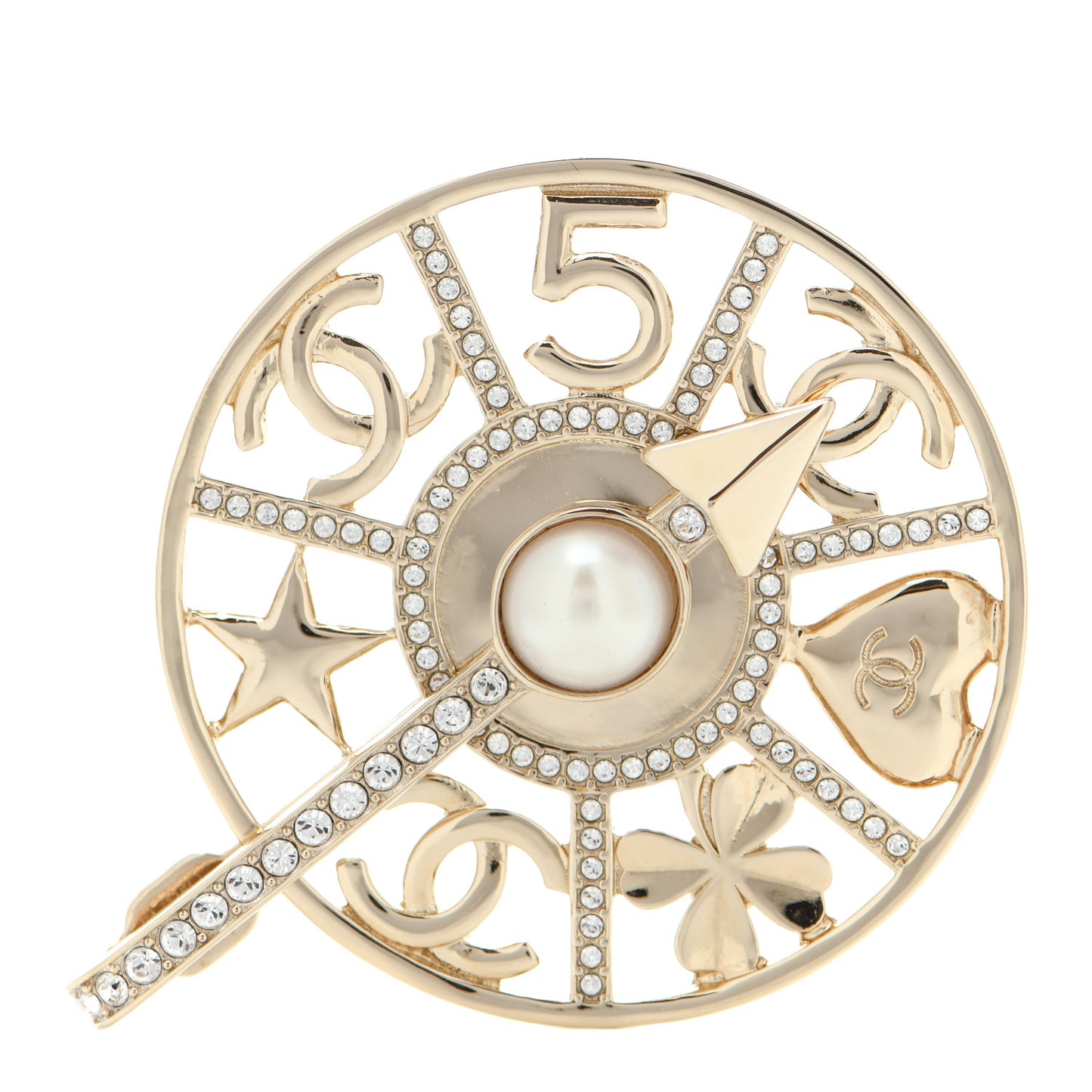 Crystal Pearl CC Charms Brooch Pearly White Gold