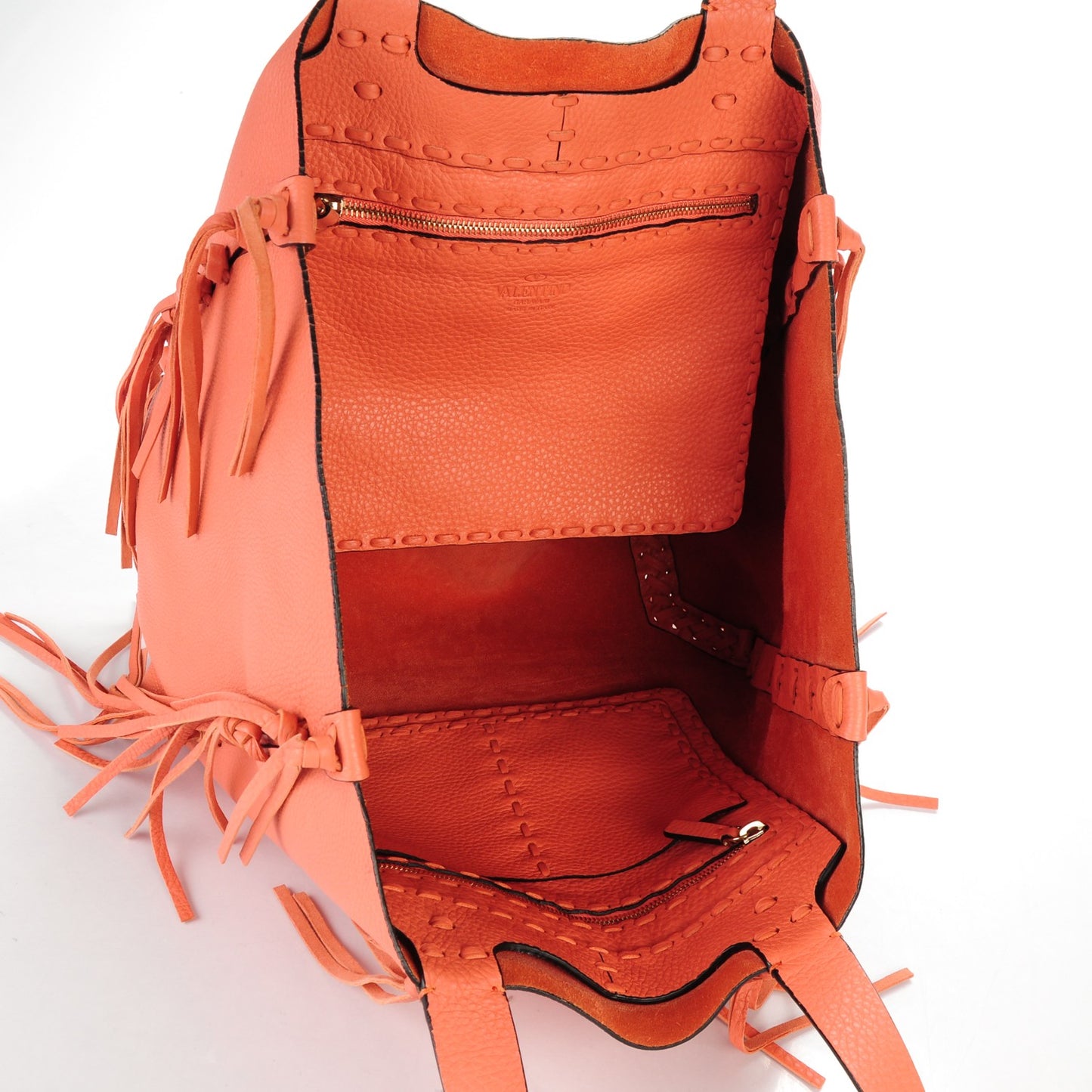 Grained Calfskin C-Rockee Fringe Tote Coral