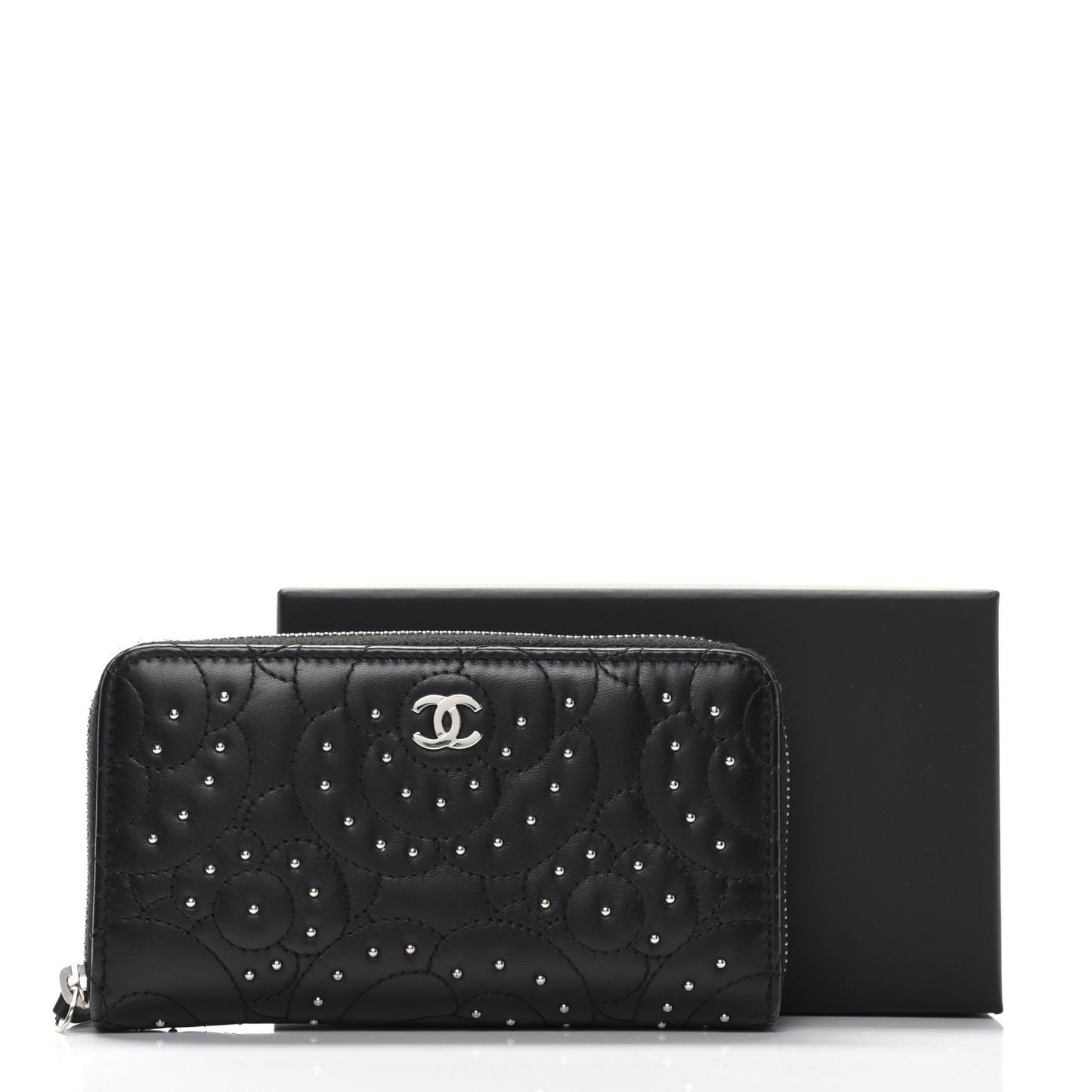 Lambskin Camellia Studded Large Gusset Zip Around Wallet Black