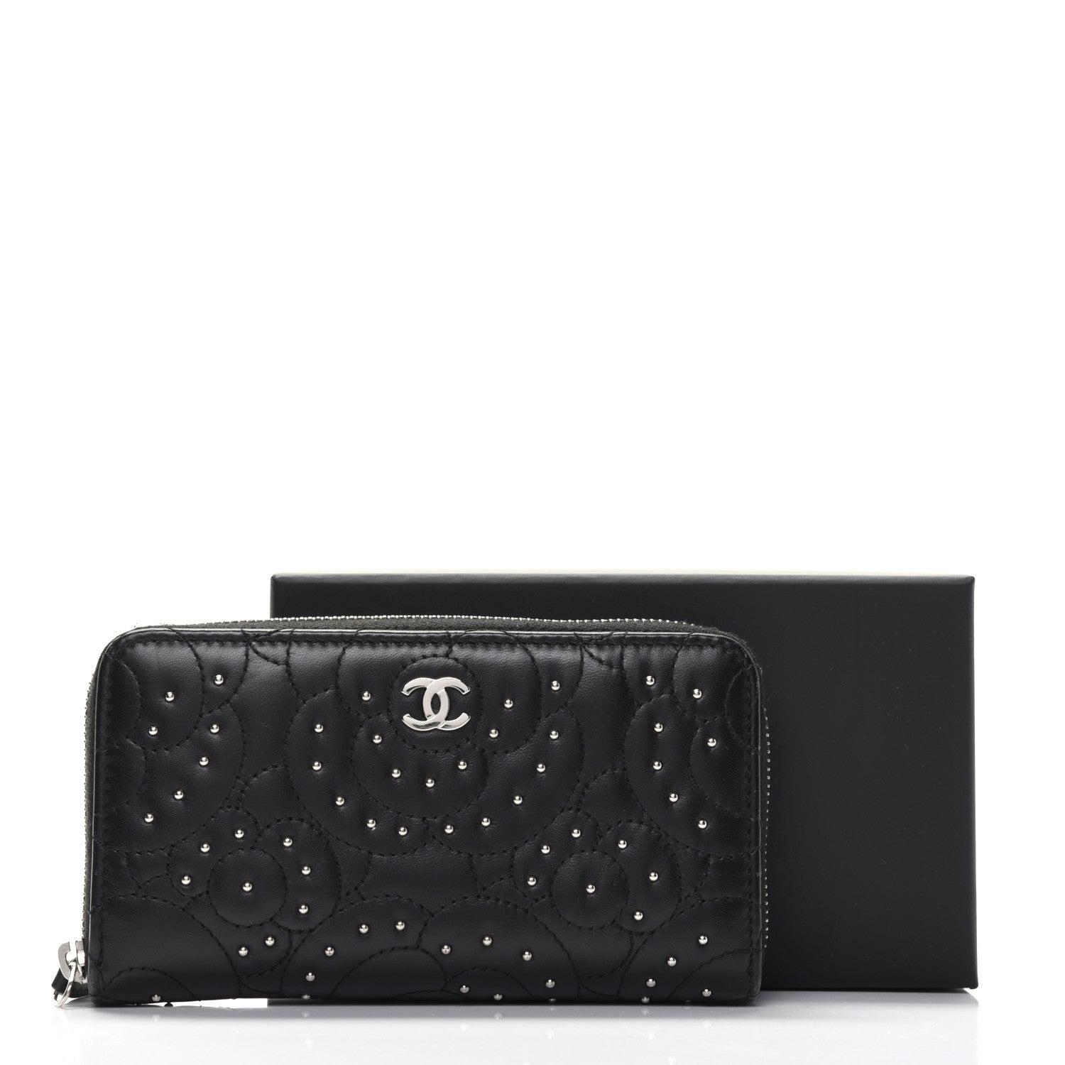 Chanel Lambskin Camellia Studded Large Gusset Zip Around Wallet Black 15 of 15