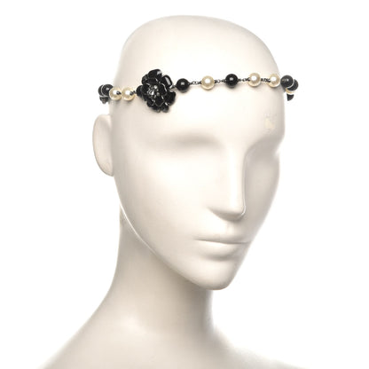 Chanel Pearl Enamel Crystal Camellia CC Headband Black 2 of 6