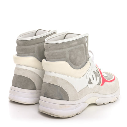 Chanel Suede Calfskin Lambskin Neoprene High Top CC Sneakers 37 White Fluo Pink Grey 5 of 8