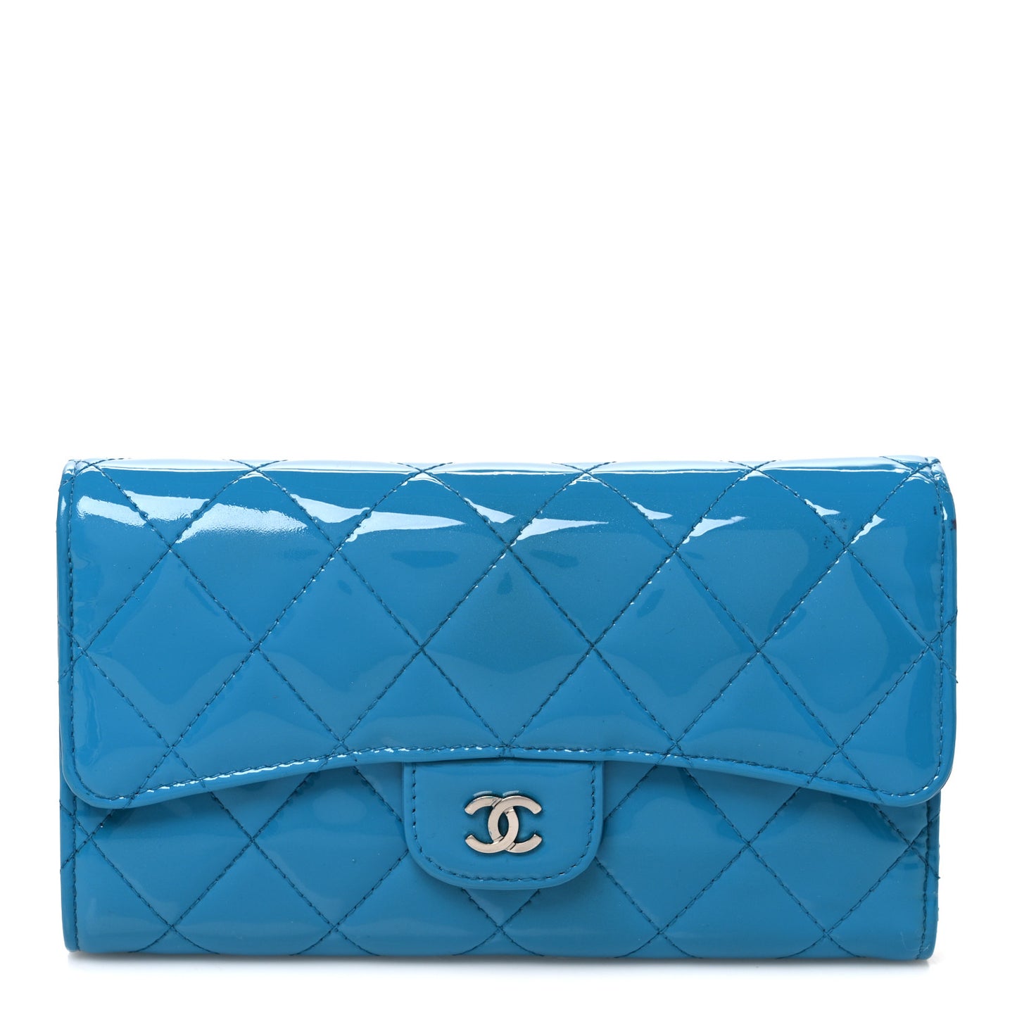 Patent Calfskin Quilted Large Flap Wallet Blue