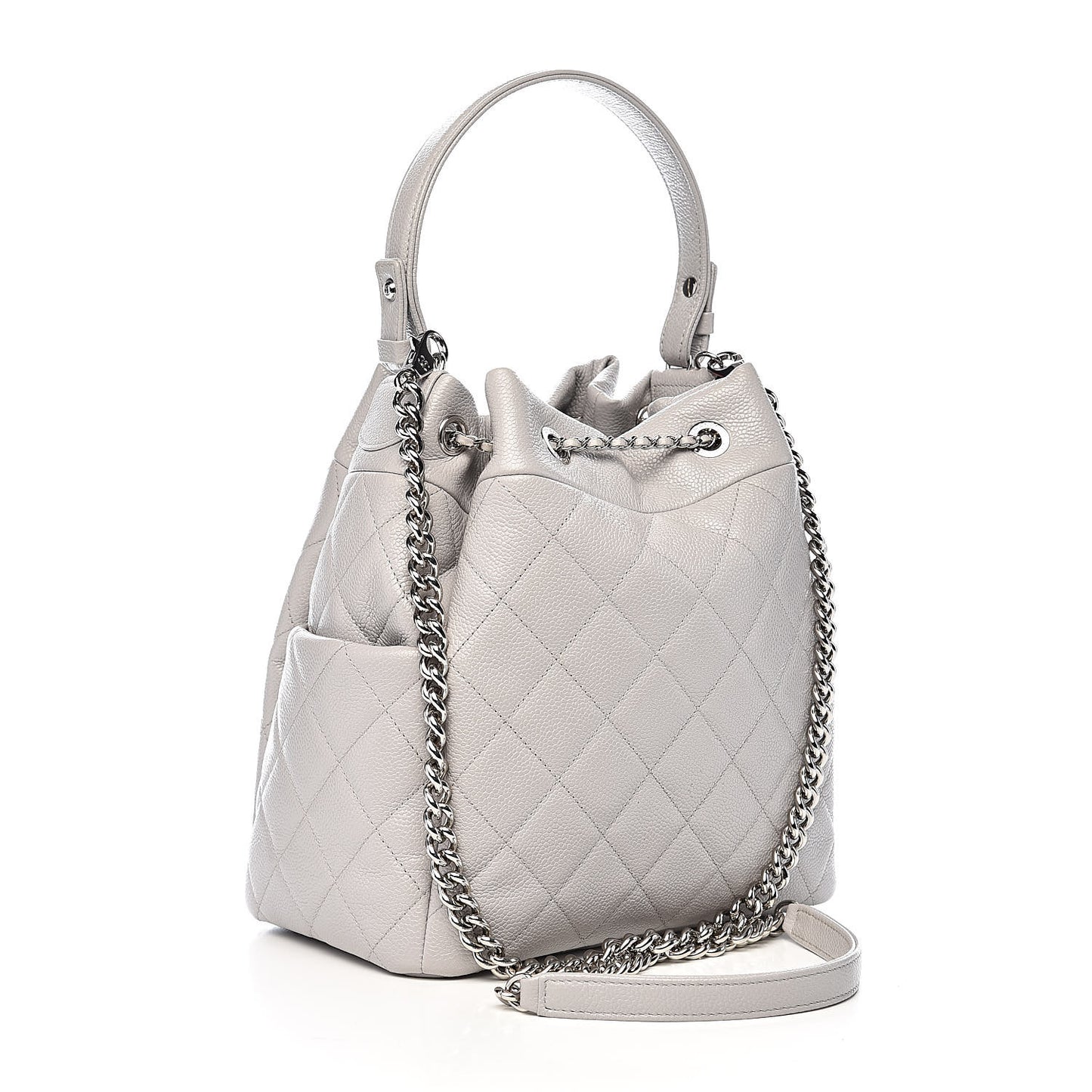 Grained Calfskin Quilted Medium CC Chain Bucket Drawstring Bag Light Grey