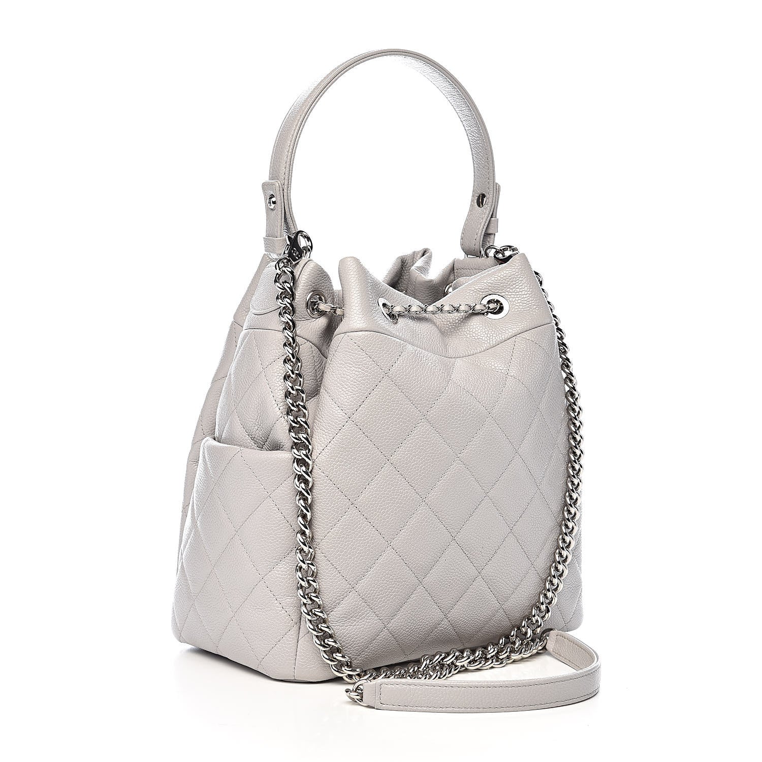 Chanel Grained Calfskin Quilted Medium CC Chain Bucket Drawstring Bag Light Grey 3 of 15