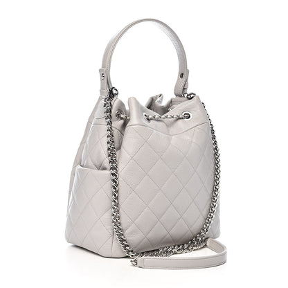 Chanel Grained Calfskin Quilted Medium CC Chain Bucket Drawstring Bag Light Grey 3 of 15