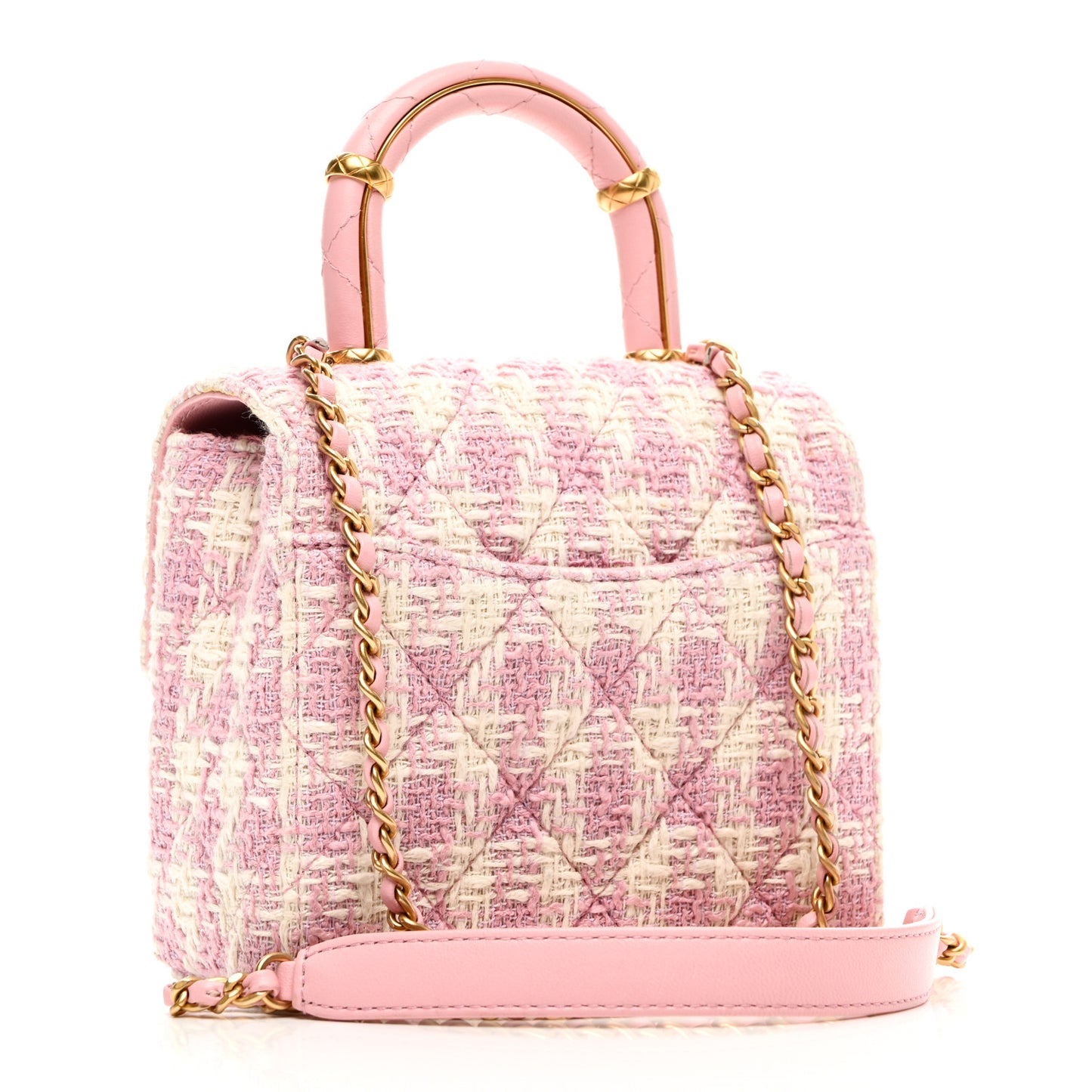Tweed Handle Crush Top Handle Flap Bag Pink Ecru