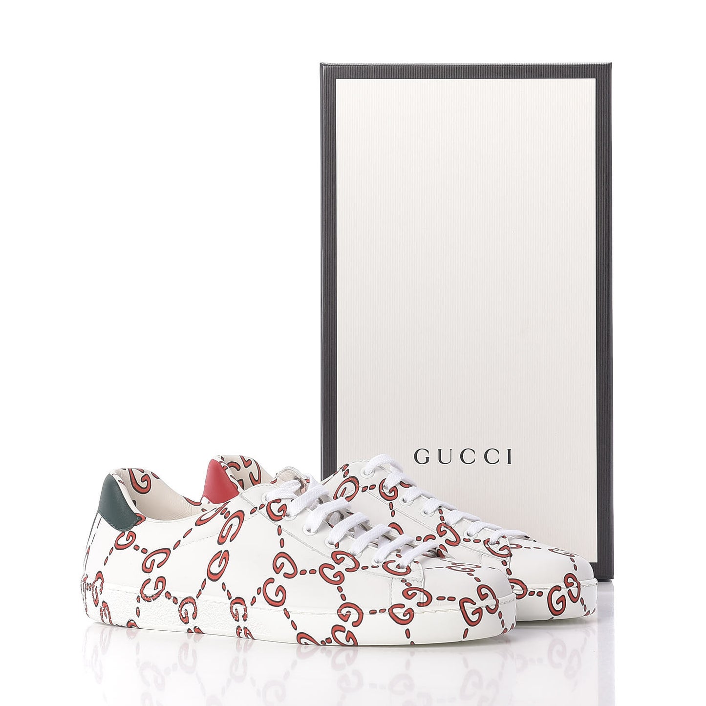 Calfskin GucciGhost Print Mens Ace Sneakers 9 White Hibiscus Red