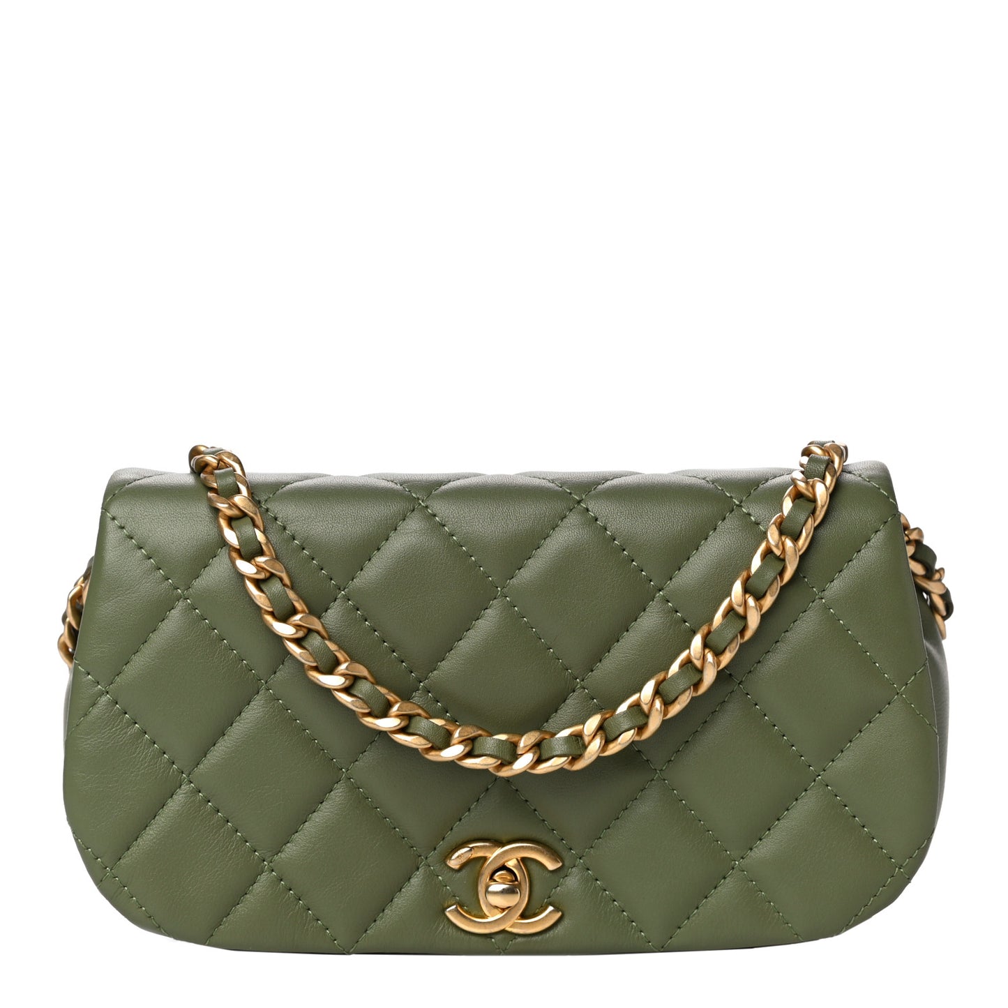 Calfskin Quilted Coco Mail Clutch With Chain Green