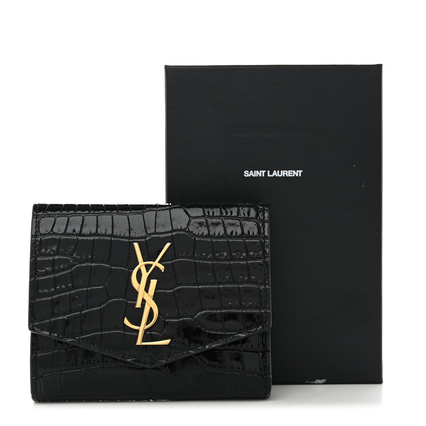 Shiny Calfskin Crocodile Embossed Monogram Uptown Compact Wallet Black