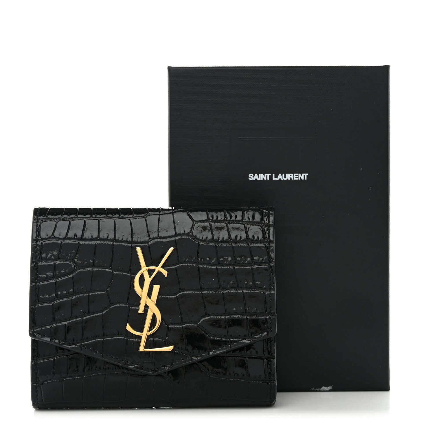Saint Laurent Shiny Calfskin Crocodile Embossed Monogram Uptown Compact Wallet Black 13 of 13
