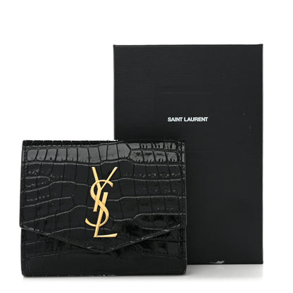 Saint Laurent Shiny Calfskin Crocodile Embossed Monogram Uptown Compact Wallet Black 13 of 13