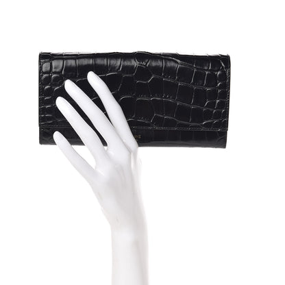 Celine Crocodile Embossed Calfskin Large Flap Wallet Black 2 of 8