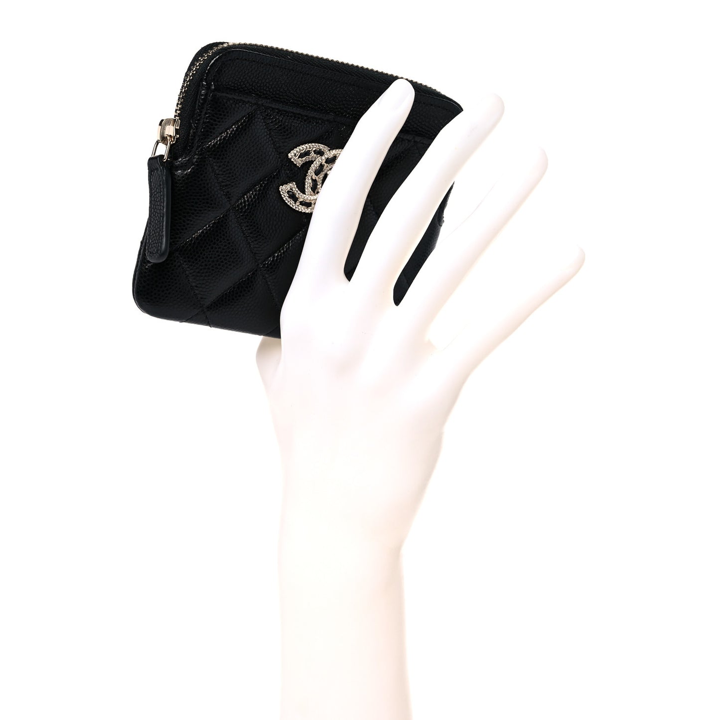 Caviar Quilted Crystal Zip Card Holder Wallet Black