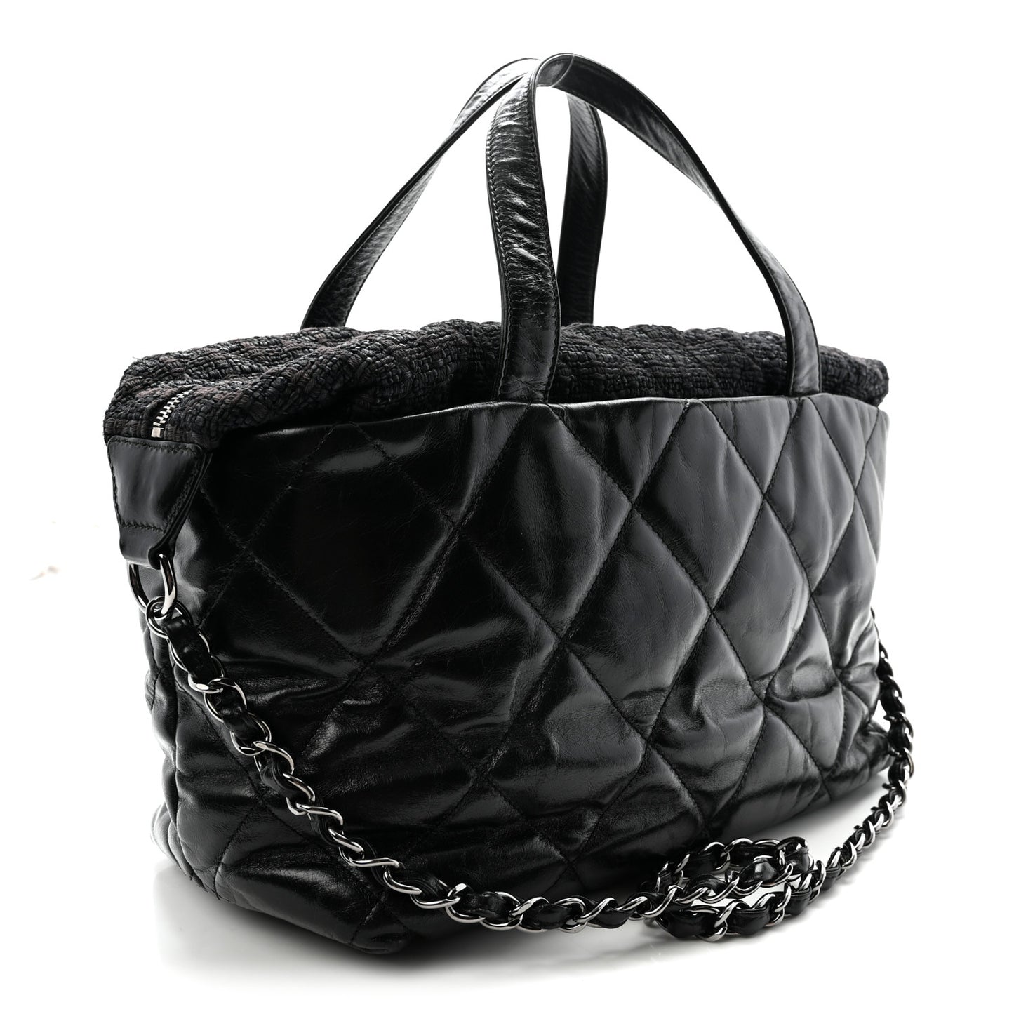 Glazed Calfskin Quilted Tweed Portobello Tote Black