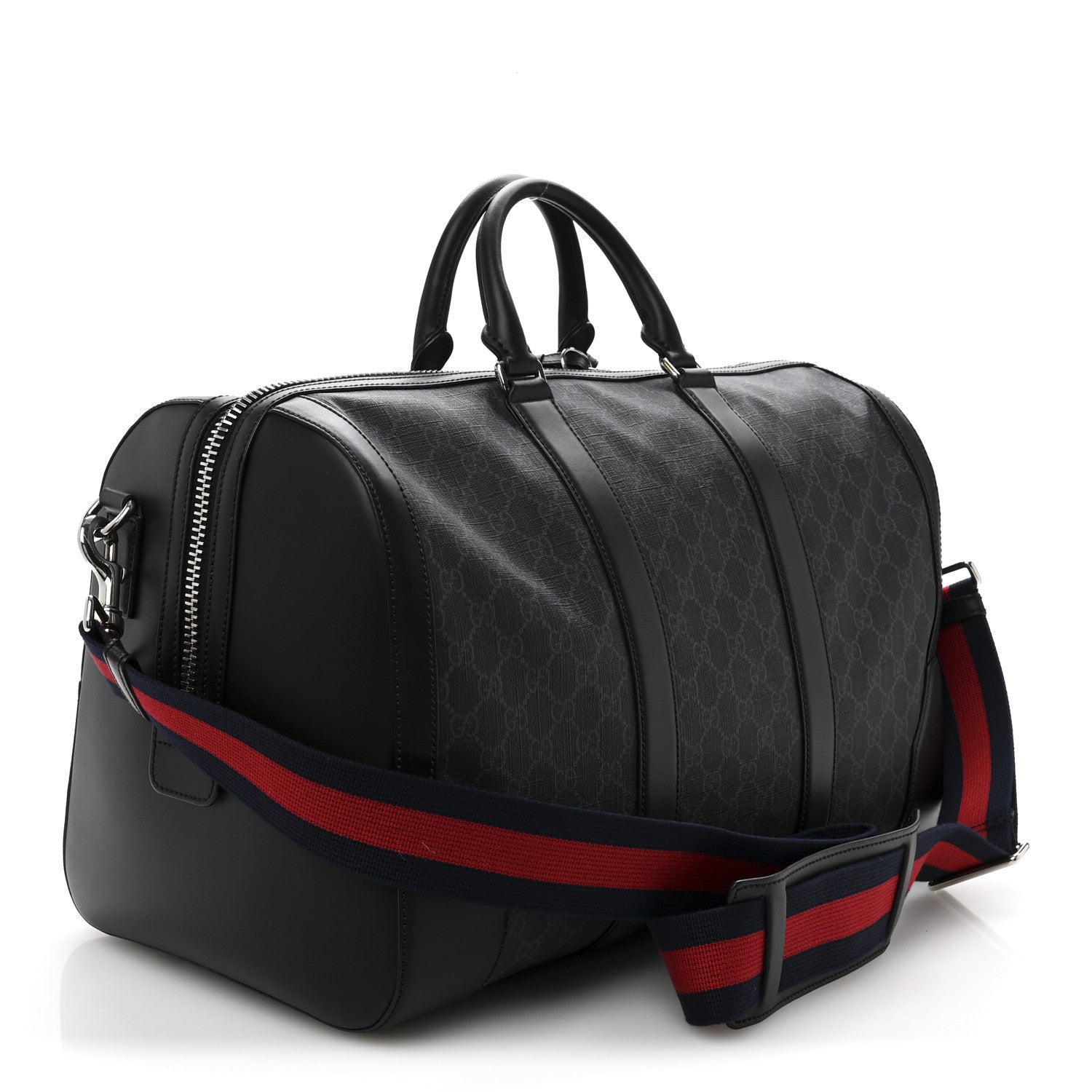 Gucci Soft GG Supreme Monogram Appia Calfskin Web Medium Carry On Duffle Bag Black Grey 2 of 14