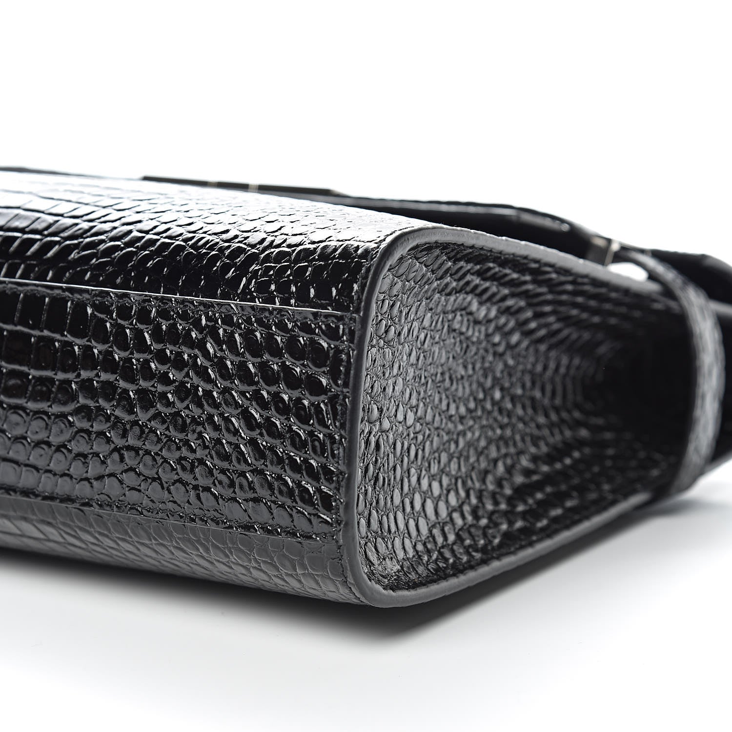 Saint Laurent Shiny Calfskin Crocodile Embossed Manhattan Baguette Black 9 of 9