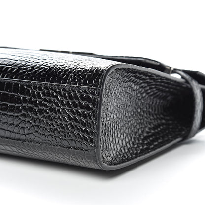 Saint Laurent Shiny Calfskin Crocodile Embossed Manhattan Baguette Black 9 of 9