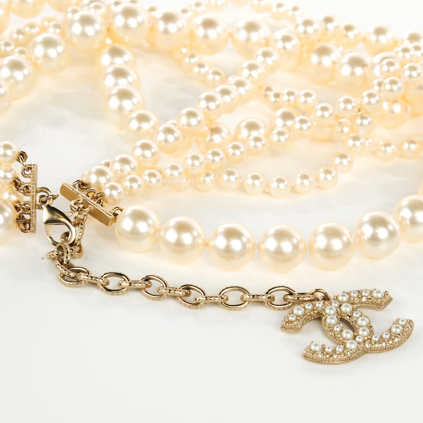 Graduated Pearl Crystal Multi Strand Necklace Gold