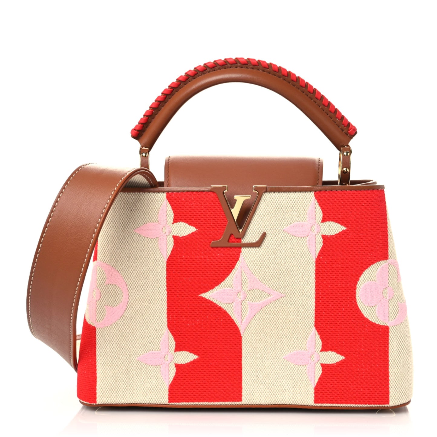 Canvas Calfskin Embroidered Braided Monogram Capucines BB Red