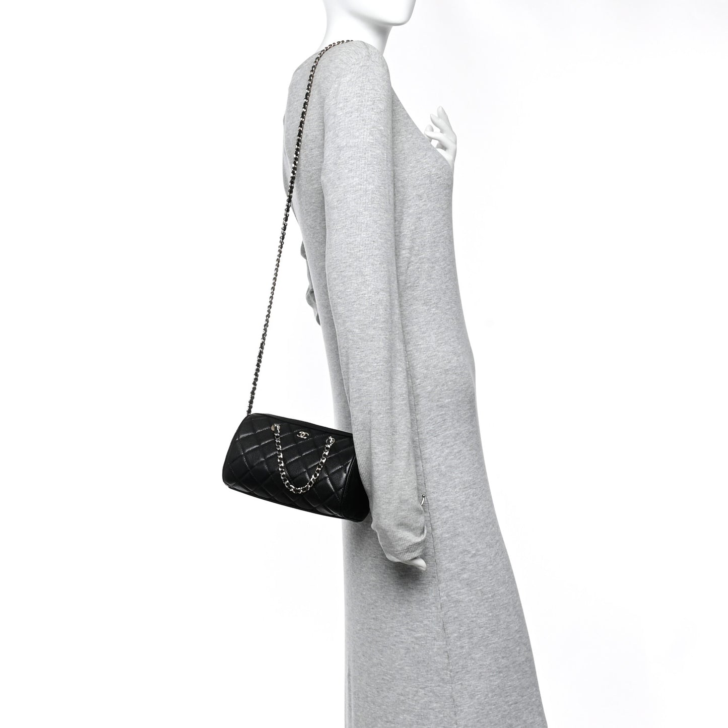 Caviar Quilted Barrel Clutch With Chain  Black