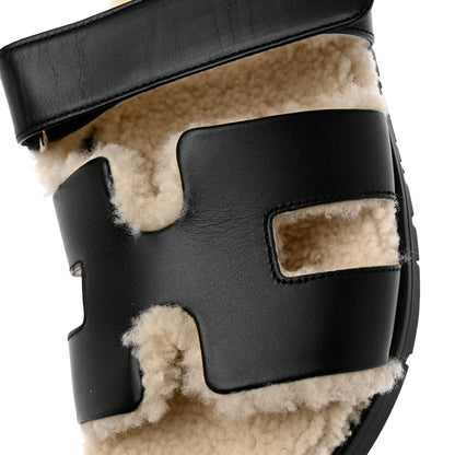 Hermes Veau Indios Woolskin Mens Chypre Sandals 38 Black Ecru 10 of 10