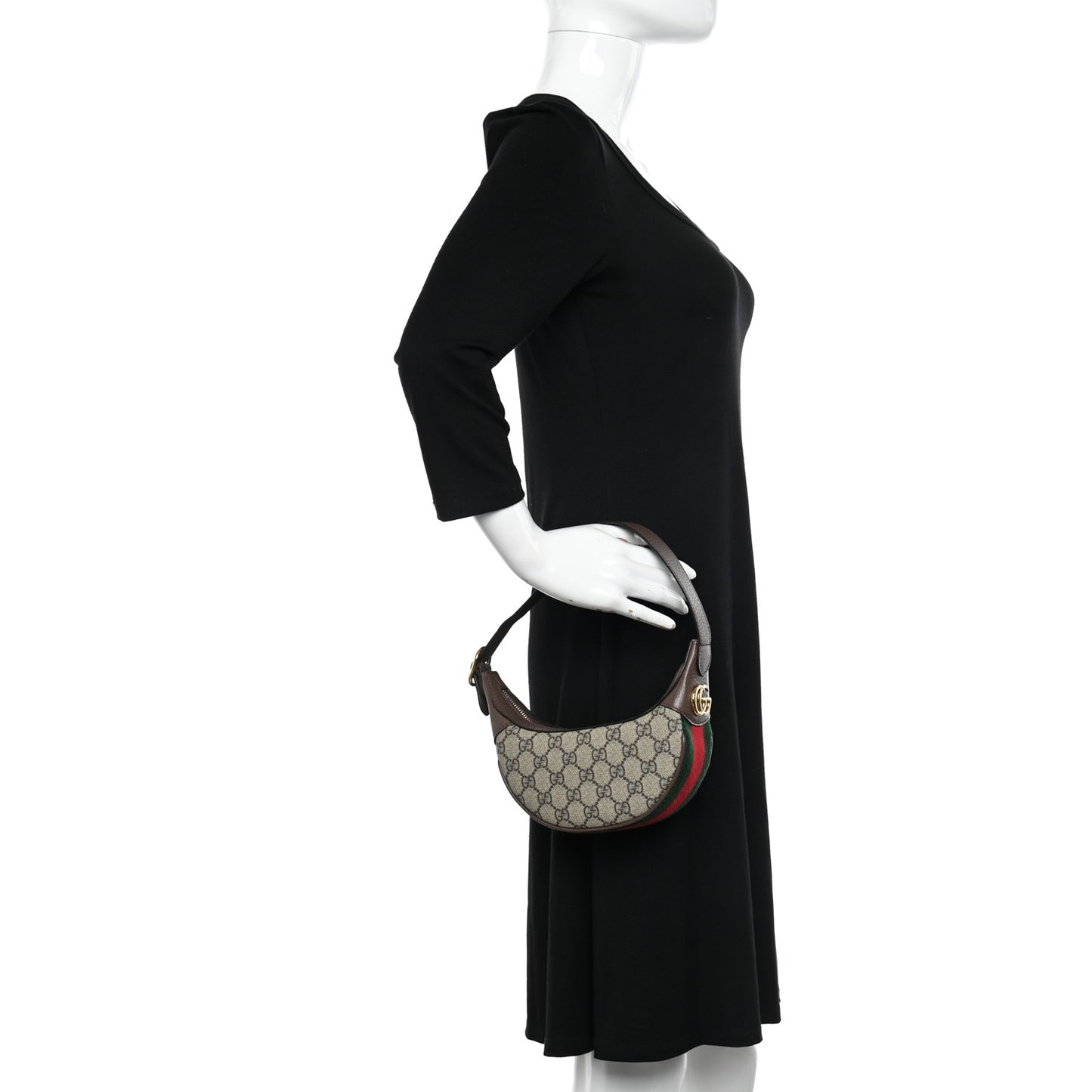 GG Supreme Monogram Textured Calfskin Web Mini Ophidia Half Moon Hobo Beige Ebony New Acero