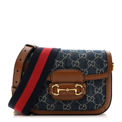 Gucci New Denim GG Monogram Dollar Calfskin Web Mini Horsebit 1955 Shoulder Bag Blue Tea Cuir Epilog 1 of 11