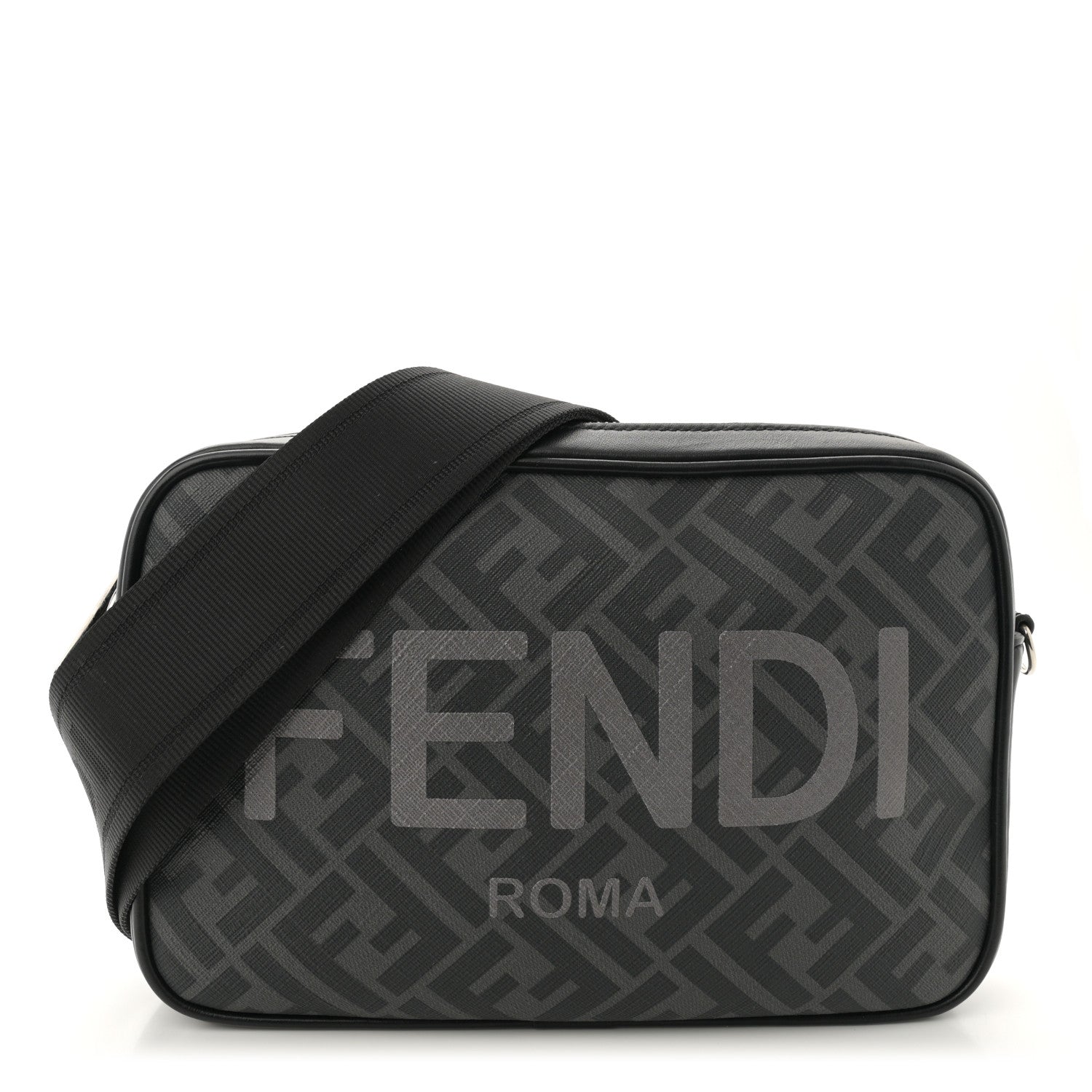 Fendi Shiny Glazed Fabric Vitello Cover FF 1974 Logo Medium Camera Case Black 1 of 12