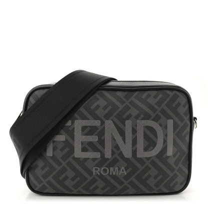 Fendi Shiny Glazed Fabric Vitello Cover FF 1974 Logo Medium Camera Case Black 1 of 12