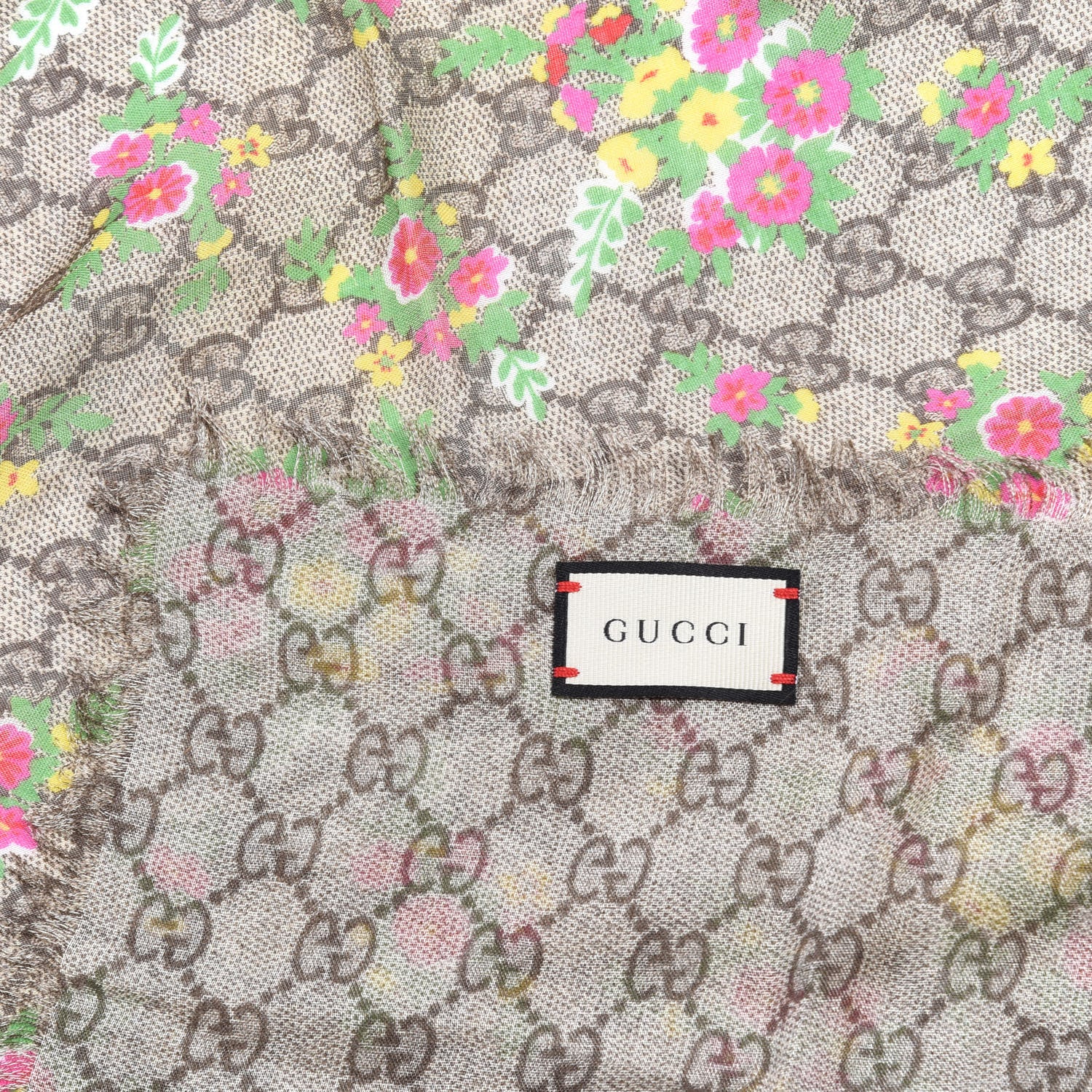 Gucci Modal Silk GG Monogram Velvet Bouquet GG Square Shawl Beige Pink 3 of 4