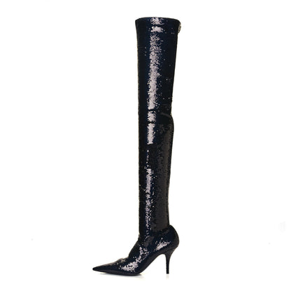 Balenciaga Metallic Sequin Spandex 110mm Knife Thigh High Boots 38 Black 1 of 7