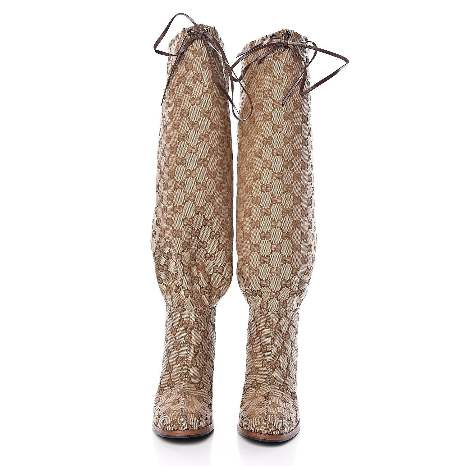 Gucci Monogram Malaga Kid Lisa Mid Heel Boots 38 Beige Ebony 2 of 8