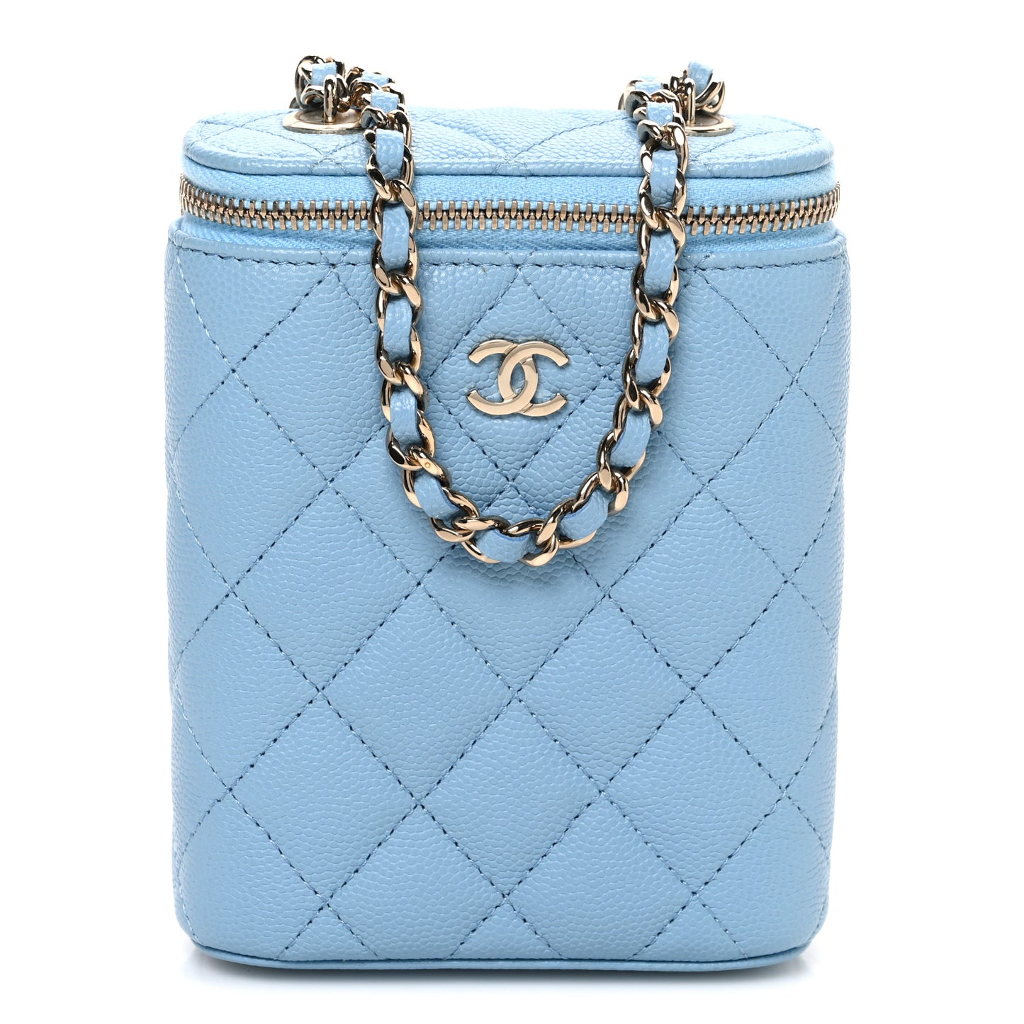 Caviar Quilted Small Vertical Coco Beauty Vanity Case With Chain Blue