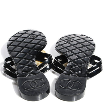 Chanel Jelly Camellia Thong Sandals 38 Black White 5 of 8