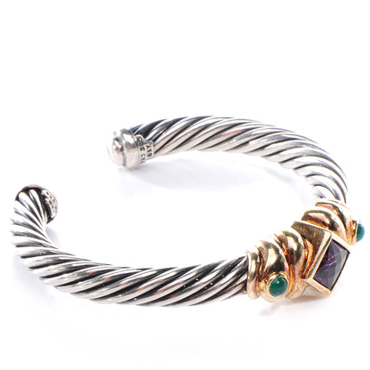 David Yurman Sterling Silver 14k Yellow Gold Amethyst and Green Onyx 7mm Cable Cuff 3 of 5