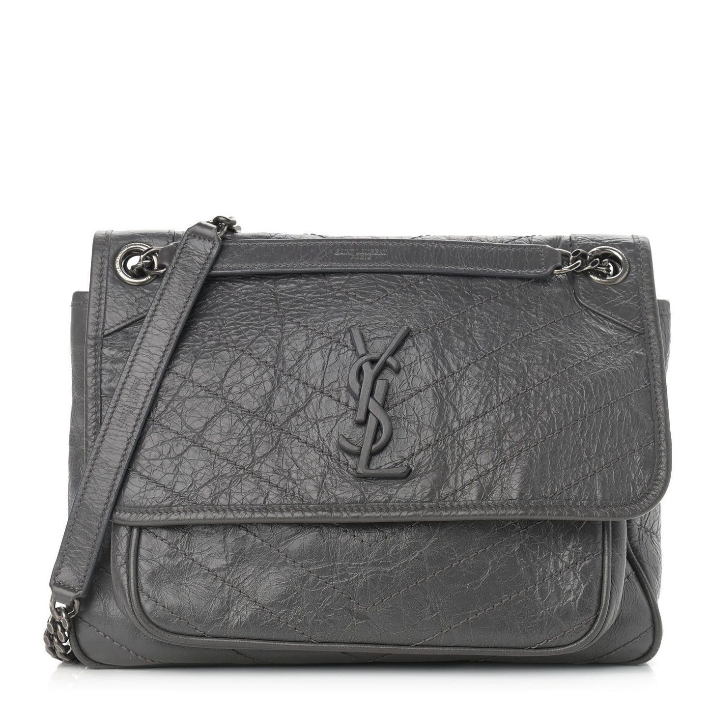 Crinkled Calfskin Matelasse Monogram Medium Niki Chain Satchel Storm