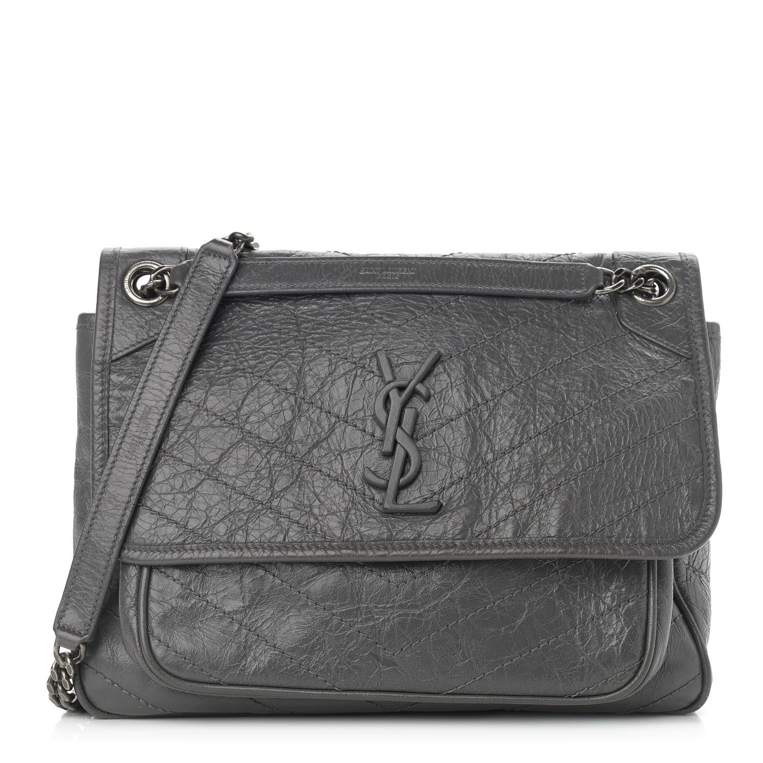 Saint Laurent Crinkled Calfskin Matelasse Monogram Medium Niki Chain Satchel Storm 1 of 7
