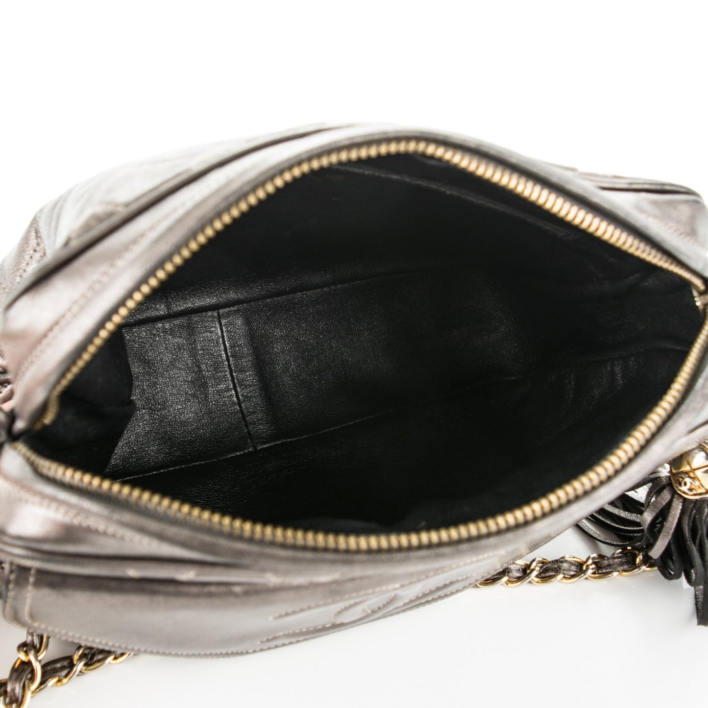 Metallic Lambskin Quilted Tassel Camera Case Dark Silver