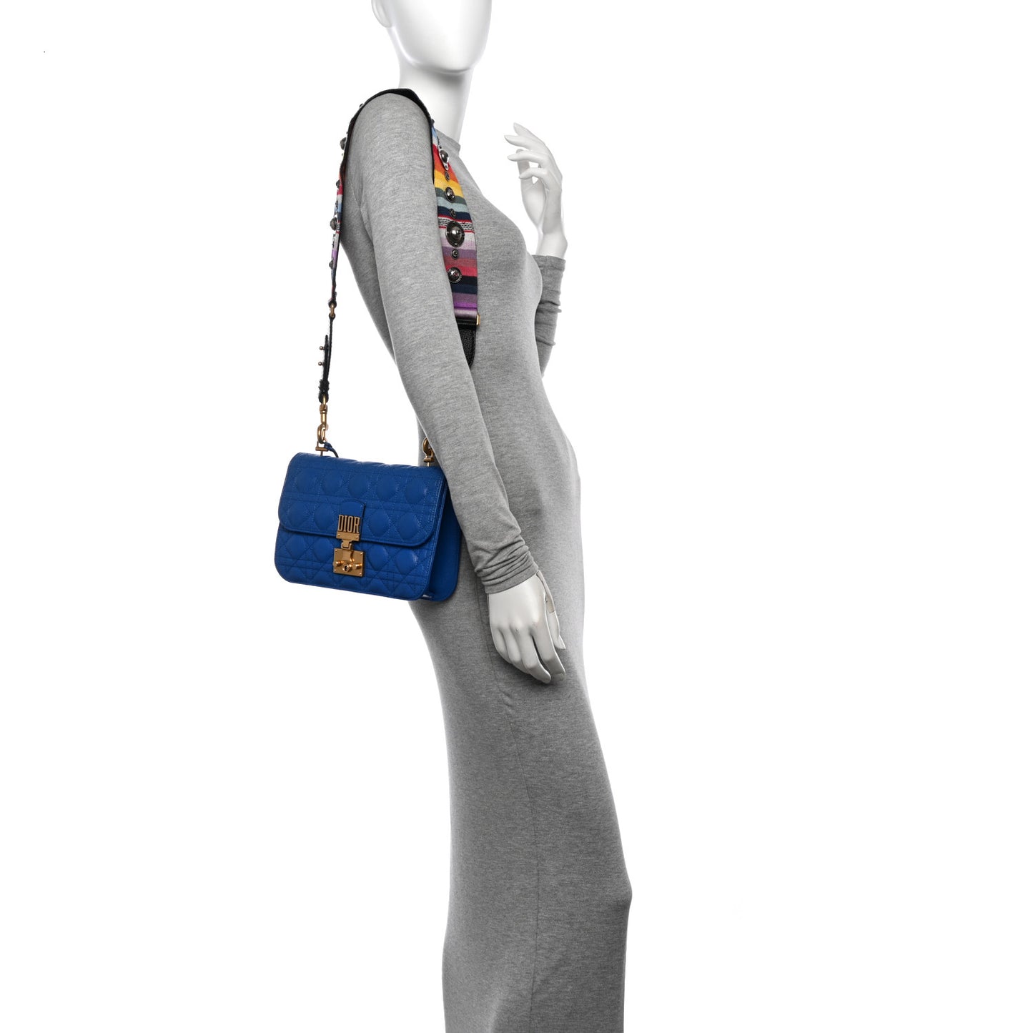 Goatskin Cannage Large Dioraddict Flap Bohemian Strap Blue