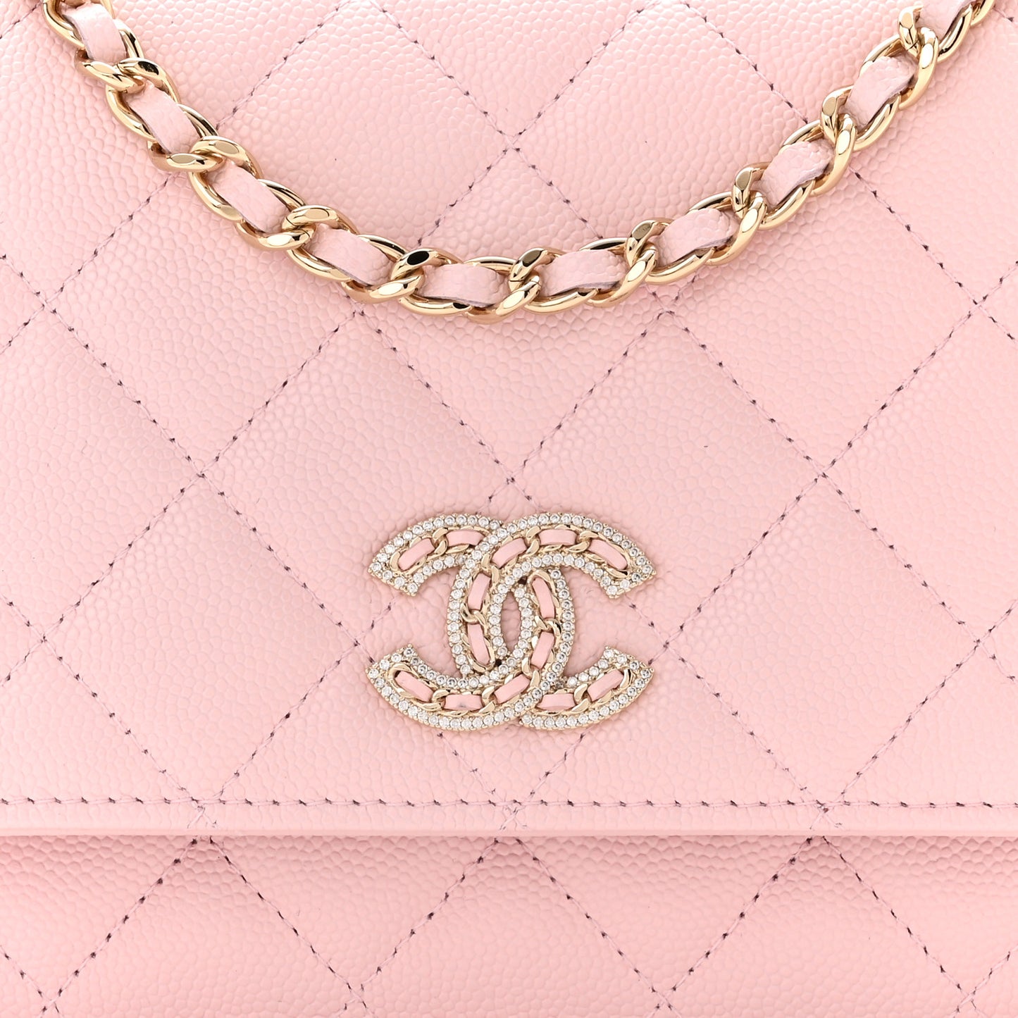 Caviar Quilted Crystal CC Wallet On Chain WOC Light Pink