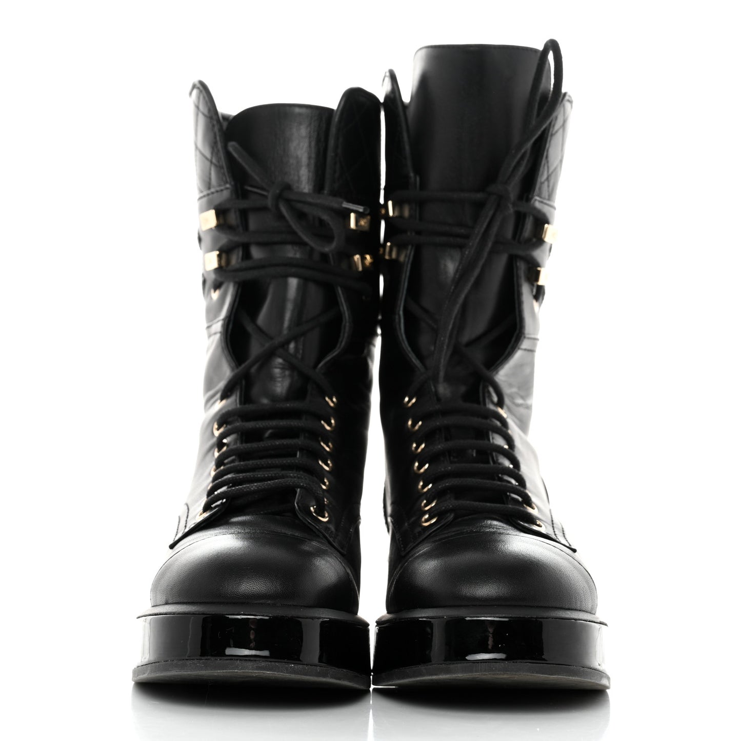 Lambskin Patent Calfskin Quilted CC Lace Up Combat Boots 37 Black