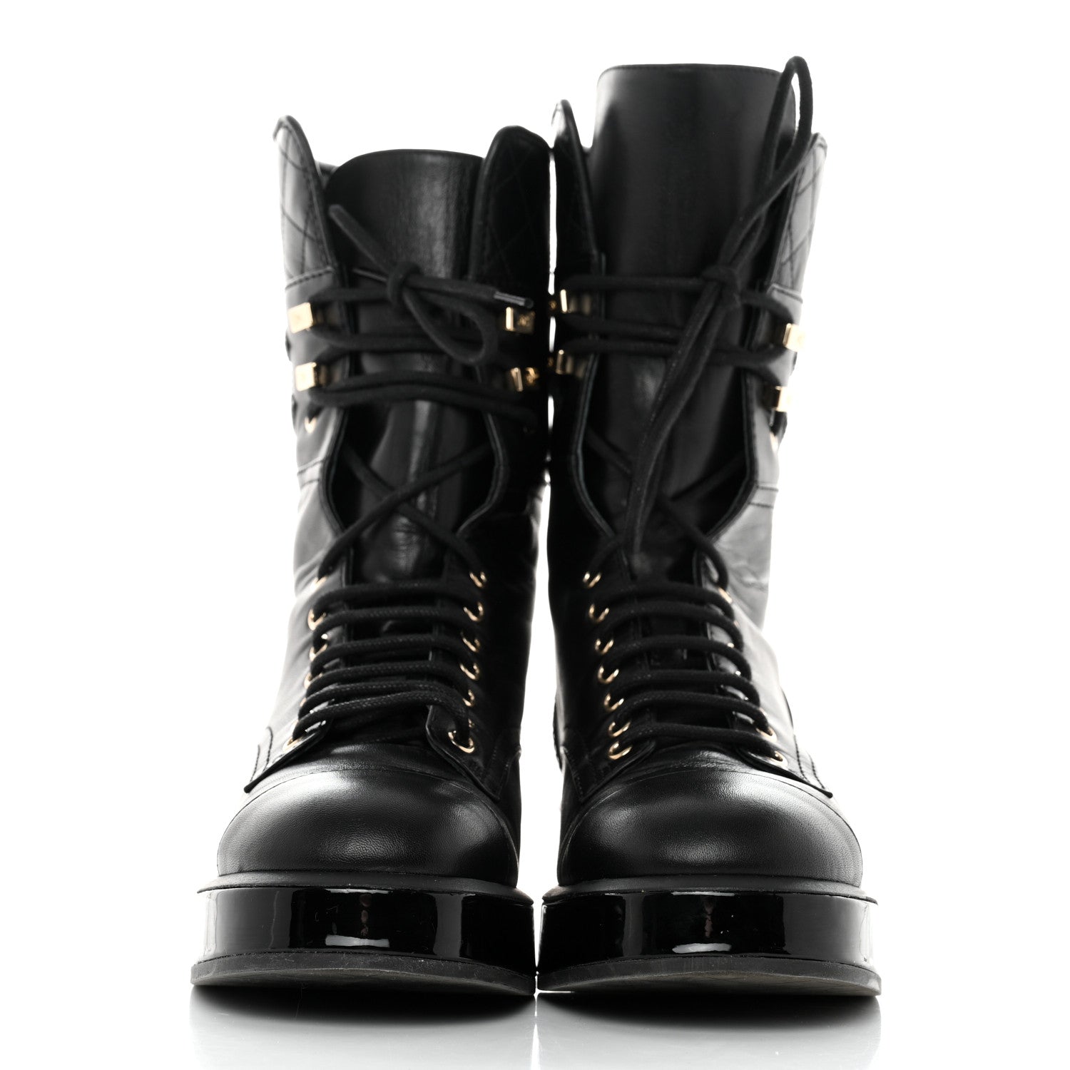 Chanel Lambskin Patent Calfskin Quilted CC Lace Up Combat Boots 37 Black 2 of 12
