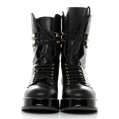 Chanel Lambskin Patent Calfskin Quilted CC Lace Up Combat Boots 37 Black 2 of 12