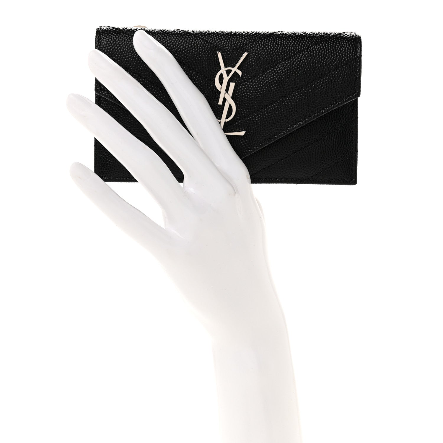 Saint Laurent Grain De Poudre Matelasse Chevron Monogram Compact Wallet Black 2 of 7