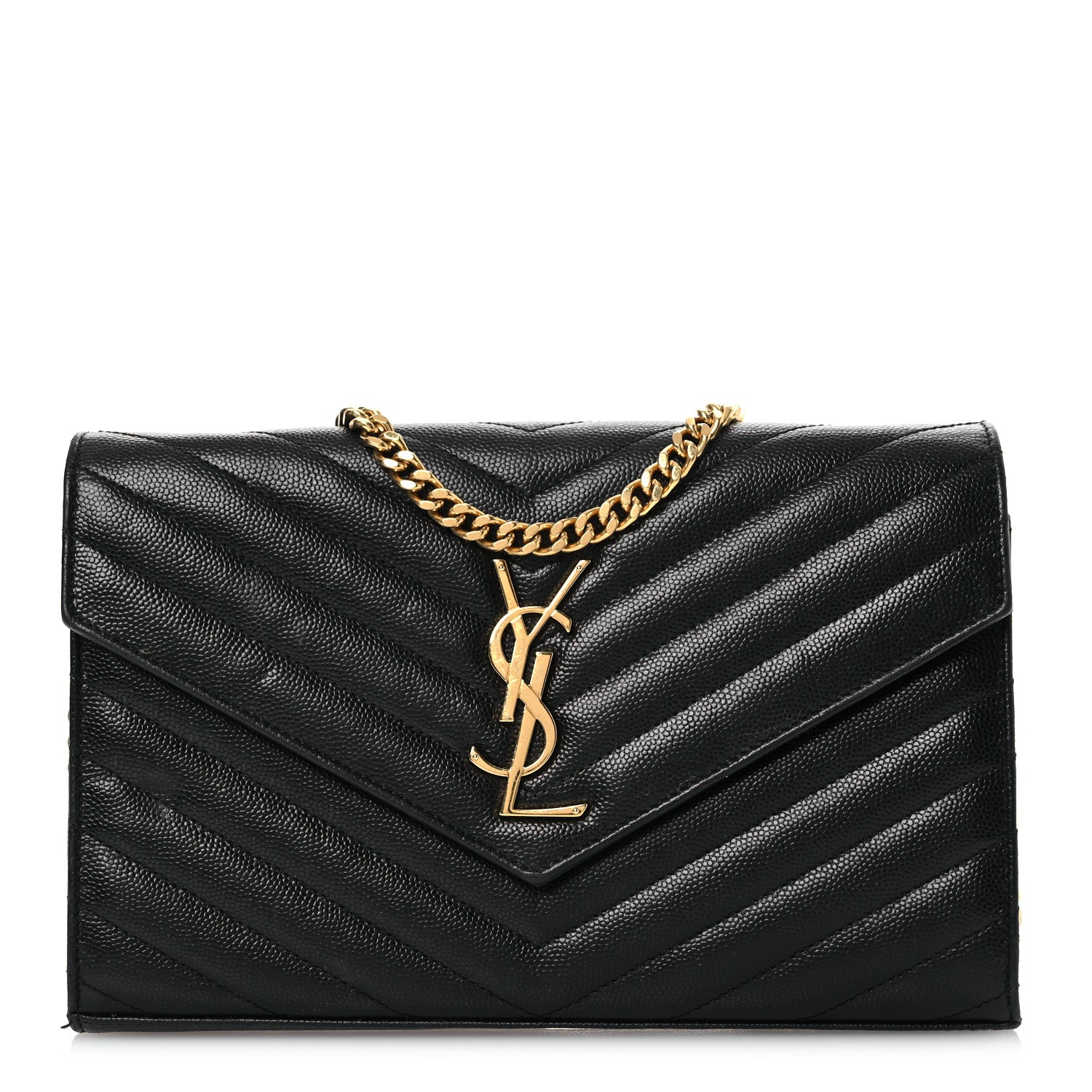Saint Laurent Grain De Poudre Matelasse Chevron Monogram Chain Wallet Black 1 of 19