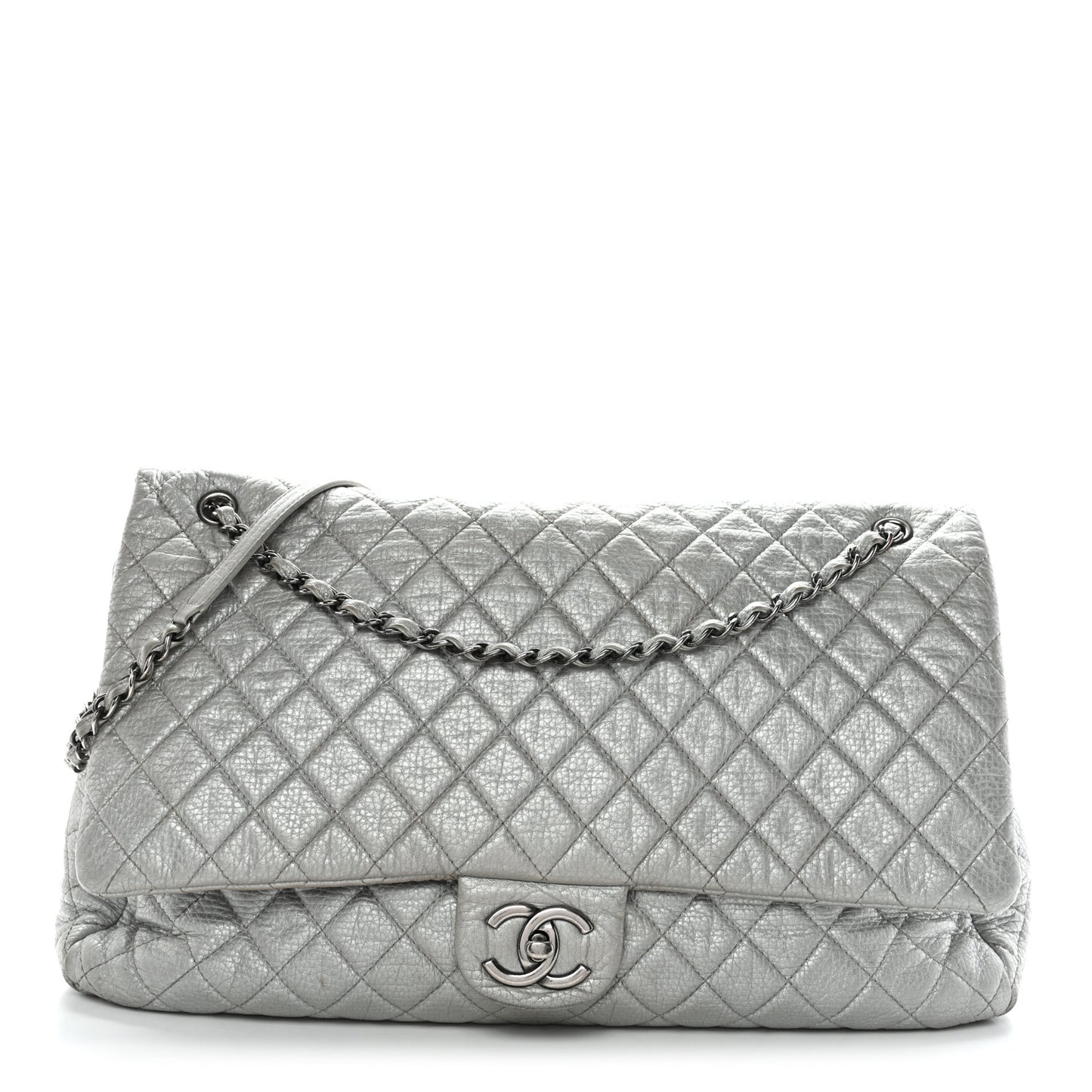 Metallic Calfskin Quilted XXL Travel Flap Bag Silver